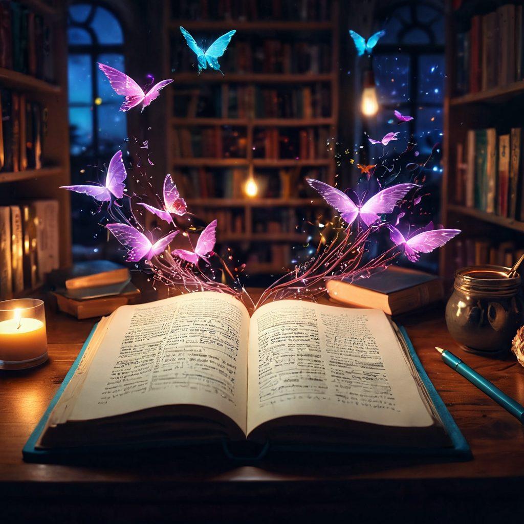 A captivating scene showing an open personal diary transforming into a glowing digital screen filled with vibrant stories. Visible pages fluttering as they transition from handwritten text to stunning visuals, with ethereal light illuminating the transformation. Include elements of storytelling like quills, ink, and digital icons merging seamlessly. The background should hint at a cozy study space blending with a modern tech environment. surreal art. vibrant colors. soft focus.