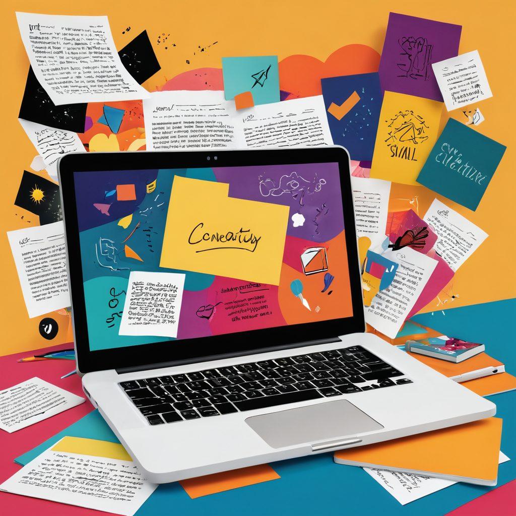 A vibrant digital collage showcasing various forms of storytelling, including an open laptop with a colorful online journal, handwritten notes floating around, and visual elements like comic strips and illustrations. The background features abstract shapes representing creativity and connectivity. Incorporate warm, inviting colors to enhance engagement. 3D. vibrant colors.