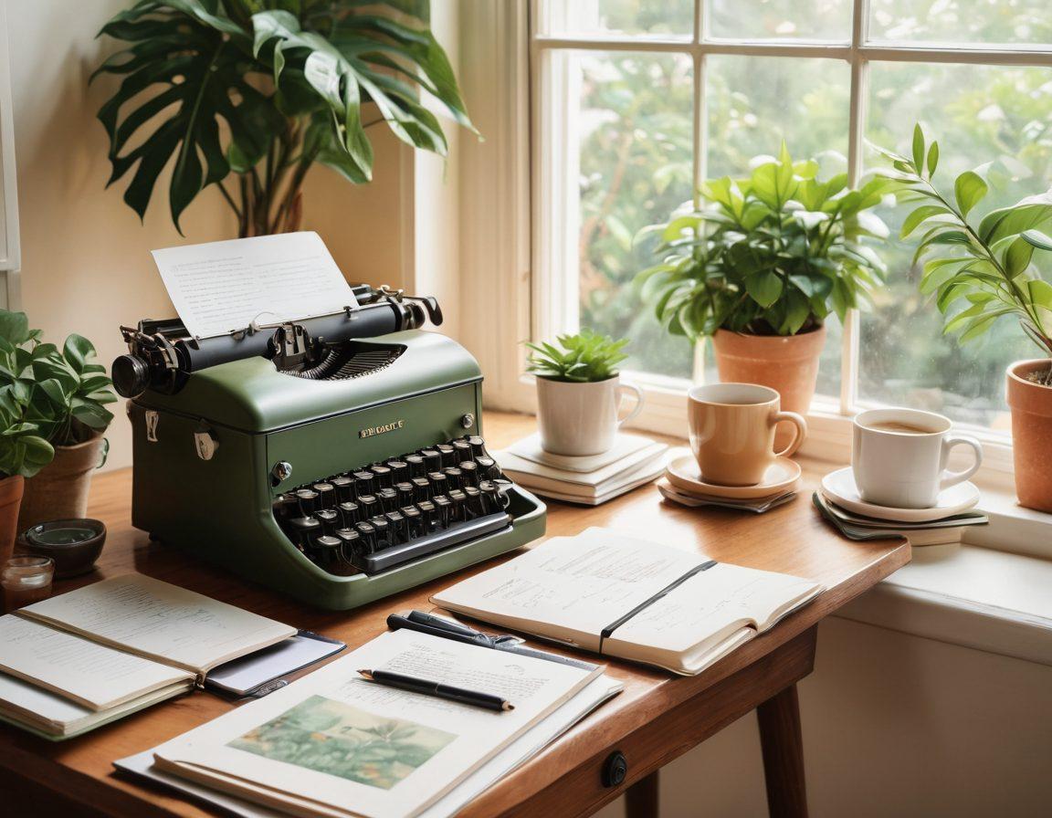 A cozy workspace showcasing a beautifully arranged desk with a vintage typewriter, open notebooks filled with handwritten notes, and lush green plants around. A steaming cup of coffee sits beside a glowing laptop, symbolizing online journaling. Soft natural light filters through a nearby window, creating a warm and inspiring atmosphere. watercolor painting. warm colors. inviting feel.